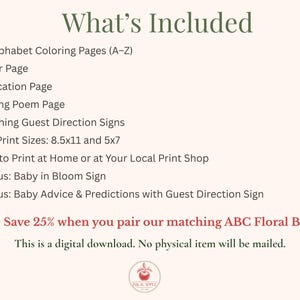 Baby in Bloom printable baby shower ABC book bundle featuring floral alphabet coloring pages A–Z, dedication page, closing poem, guest direction signs, and matching advice & predictions cards. Elegant blush pink botanical baby shower activity with printable keepsake book, floral baby shower games, and instant digital download in 8.5x11 and 5x7 sizes.