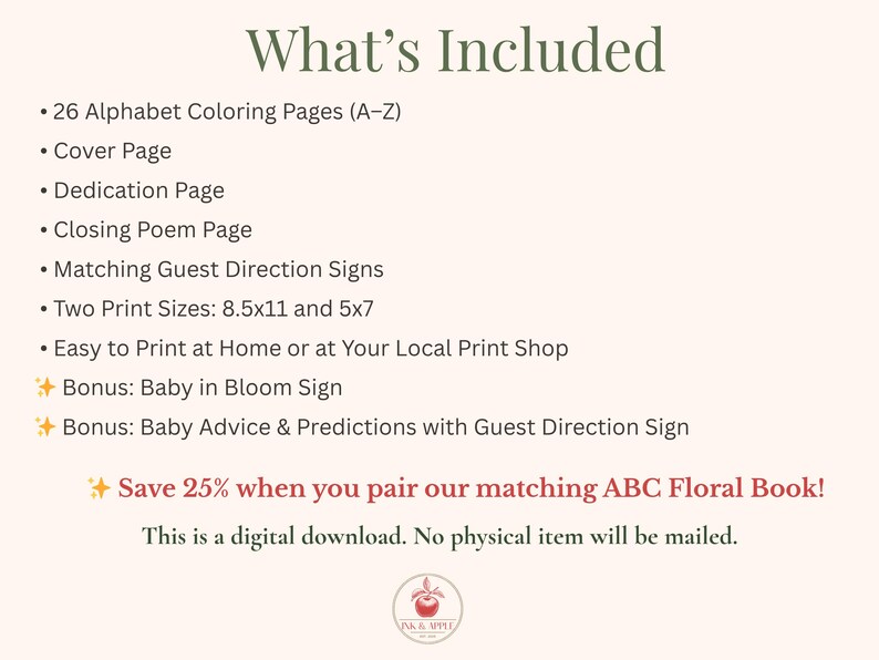 Baby in Bloom printable baby shower ABC book bundle featuring floral alphabet coloring pages A–Z, dedication page, closing poem, guest direction signs, and matching advice & predictions cards. Elegant blush pink botanical baby shower activity with printable keepsake book, floral baby shower games, and instant digital download in 8.5x11 and 5x7 sizes.