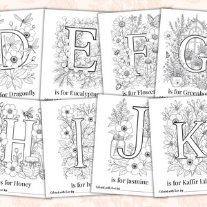 Baby in Bloom floral alphabet coloring pages A–Z for baby shower guests to color and sign. Printable ABC book pages featuring flowers, butterflies, woodland-inspired botanicals, and personalized keepsake activity for Baby’s First ABC Book. Elegant floral baby shower game and instant download printable for creating a meaningful baby keepsake.
