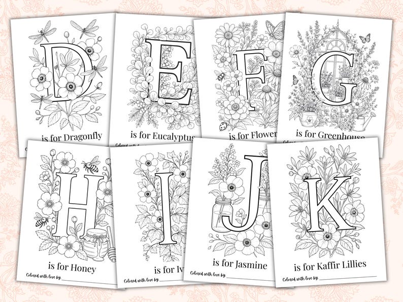 Baby in Bloom floral alphabet coloring pages A–Z for baby shower guests to color and sign. Printable ABC book pages featuring flowers, butterflies, woodland-inspired botanicals, and personalized keepsake activity for Baby’s First ABC Book. Elegant floral baby shower game and instant download printable for creating a meaningful baby keepsake.