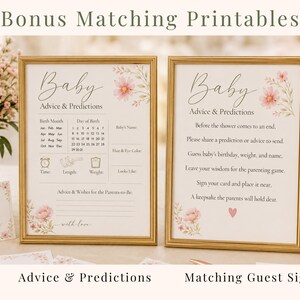Baby in Bloom baby shower advice and predictions printable set featuring matching floral guest sign and advice card. Elegant blush pink botanical baby shower printables with gold frames, printable baby shower games, and coordinating Baby in Bloom decor. Includes advice for parents-to-be activity and matching baby shower table sign for a girl baby shower keepsake celebration.