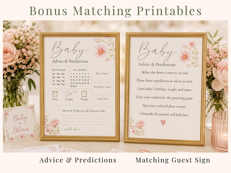 Baby in Bloom baby shower advice and predictions printable set featuring matching floral guest sign and advice card. Elegant blush pink botanical baby shower printables with gold frames, printable baby shower games, and coordinating Baby in Bloom decor. Includes advice for parents-to-be activity and matching baby shower table sign for a girl baby shower keepsake celebration.