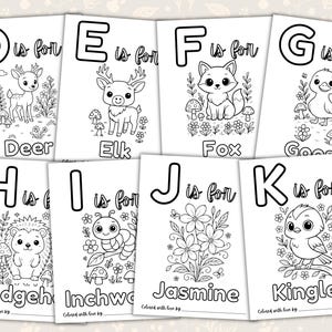 Woodland baby shower ABC coloring book printable featuring alphabet animal coloring pages including deer, elk, fox, goose, hedgehog, insect, flowers, and bird designs. Printable baby shower activity and keepsake guest book alternative with cute forest animal coloring sheets for guests to color and sign for baby. Gender neutral woodland baby shower game and DIY ABC memory book printable.