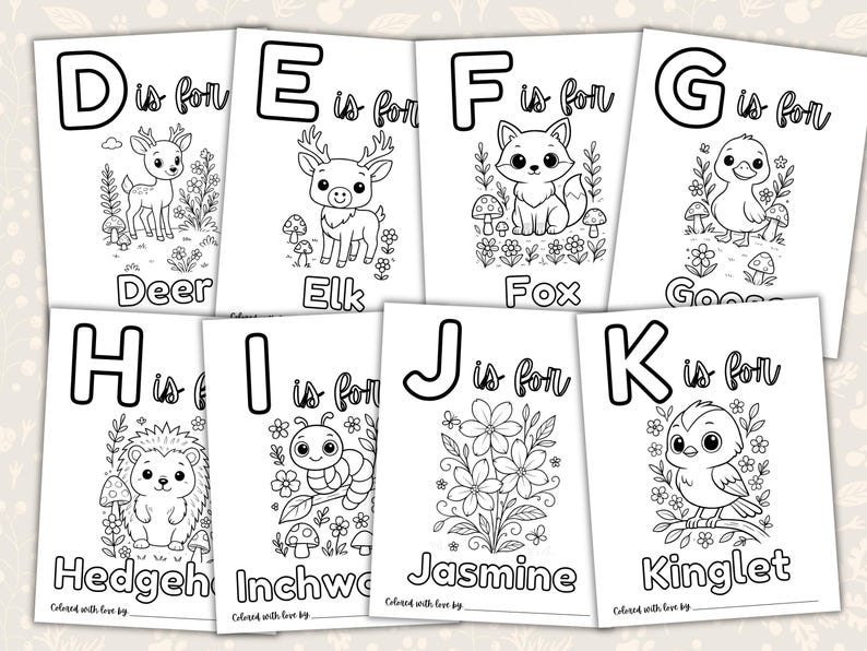 Woodland baby shower ABC coloring book printable featuring alphabet animal coloring pages including deer, elk, fox, goose, hedgehog, insect, flowers, and bird designs. Printable baby shower activity and keepsake guest book alternative with cute forest animal coloring sheets for guests to color and sign for baby. Gender neutral woodland baby shower game and DIY ABC memory book printable.
