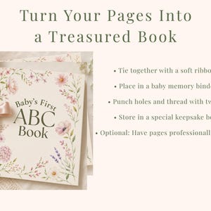 Baby in Bloom baby shower ABC book keepsake idea featuring floral printable alphabet coloring pages tied with satin ribbon. Elegant blush pink floral baby shower activity showing how guests’ colored pages become Baby’s First ABC Book keepsake. Printable baby shower game and memory book activity with floral botanical design and soft feminine decor.