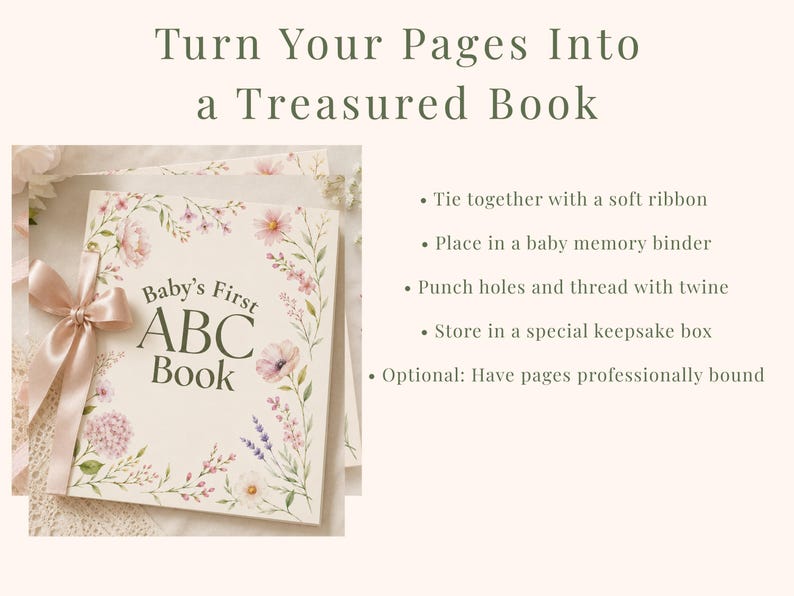 Baby in Bloom baby shower ABC book keepsake idea featuring floral printable alphabet coloring pages tied with satin ribbon. Elegant blush pink floral baby shower activity showing how guests’ colored pages become Baby’s First ABC Book keepsake. Printable baby shower game and memory book activity with floral botanical design and soft feminine decor.