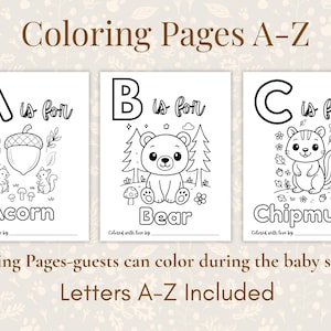 Baby shower ABC coloring book printable, woodland theme alphabet pages, baby shower activity and keepsake idea for guests to color A–Z.