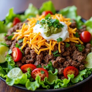 Puede incluir: Una ensalada de taco con una base de lechuga verde cubierta con carne molida sazonada, queso cheddar naranja rallado, una cucharada de crema agria blanca, guacamole verde, cilantro fresco, tomates cherry rojos y rodajas de lima.