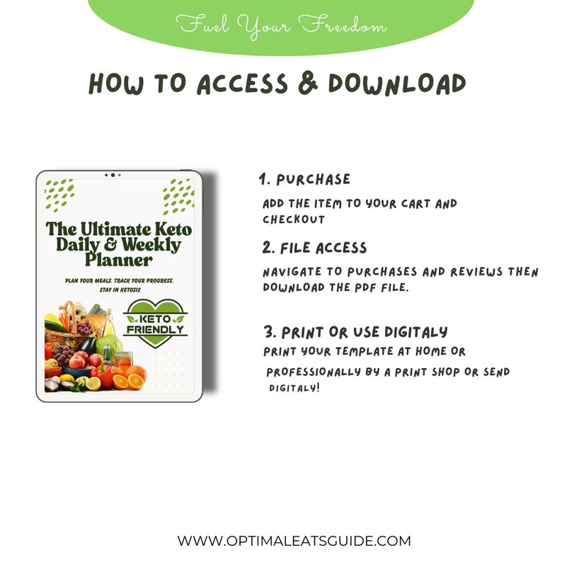 May include: A digital download for a keto daily and weekly planner. The planner is designed to help people plan their meals, track their progress, and stay in ketosis. The cover of the planner features a variety of colorful fruits and vegetables, with the text "The Ultimate Keto Daily & Weekly Planner" and "Keto Friendly" in bold.