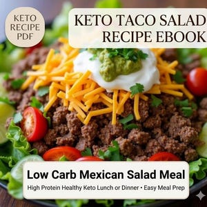 Puede incluir: Un libro electr&oacute;nico de recetas de ensalada de taco keto en PDF con una portada digital que muestra un taz&oacute;n de ensalada con carne molida, queso cheddar rallado, crema agria, guacamole, tomates cherry, rodajas de lima y lechuga. El texto dice Keto Taco Salad Recipe Ebook y Low Carb Mexican Salad Meal.