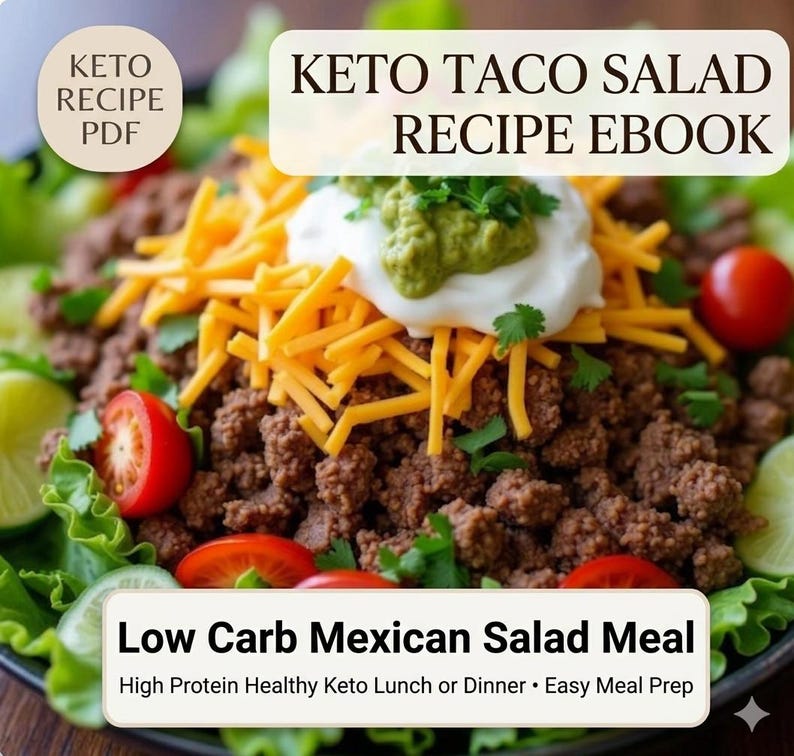 Puede incluir: Un libro electr&oacute;nico de recetas de ensalada de taco keto en PDF con una portada digital que muestra un taz&oacute;n de ensalada con carne molida, queso cheddar rallado, crema agria, guacamole, tomates cherry, rodajas de lima y lechuga. El texto dice Keto Taco Salad Recipe Ebook y Low Carb Mexican Salad Meal.