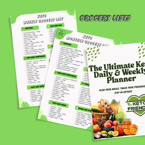 May include: A green and white printable grocery list planner for the keto diet. The planner includes a list of proteins, fats and oils, low-carb vegetables, nuts and seeds, and spices and seasonings. The planner also includes a section for monthly grocery lists. The planner is titled "The Ultimate Keto Daily & Weekly Planner" and includes the text "Plan your meals. Track your progress. Stay in ketosis."