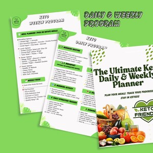 May include: A green and white printable guide with the title "The Ultimate Keto Daily & Weekly Planner". The guide includes meal planning tips, hydration tracking, and a daily and weekly program for following a ketogenic diet.