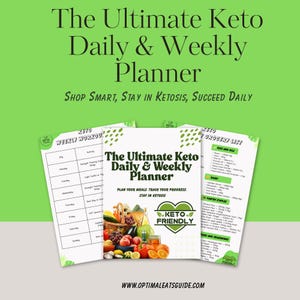 May include: A printable planner with a green background and the text "The Ultimate Keto Daily & Weekly Planner" in black. The planner is divided into three sections: a weekly workout log, a grocery list, and a daily meal planner. The grocery list includes categories for "Meat and Deli", "Dairy", "Pantry Staples", "Produce and Seasonings", and "Snacks and Beverages". The meal planner includes a section for "Plan Your Meals, Track Your Progress, Stay in Ketosis". The planner also includes a heart with the text "Keto Friendly" in white.
