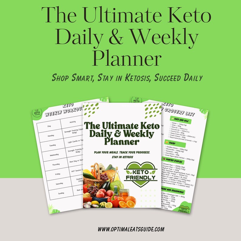 May include: A printable planner with a green background and the text "The Ultimate Keto Daily & Weekly Planner" in black. The planner is divided into three sections: a weekly workout log, a grocery list, and a daily meal planner. The grocery list includes categories for "Meat and Deli", "Dairy", "Pantry Staples", "Produce and Seasonings", and "Snacks and Beverages". The meal planner includes a section for "Plan Your Meals, Track Your Progress, Stay in Ketosis". The planner also includes a heart with the text "Keto Friendly" in white.