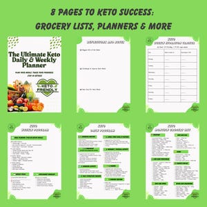 May include: A set of printable keto diet planner pages with green and white backgrounds. The pages include a weekly program, daily program, weekly hydration tracker, and a monthly grocery list. The pages feature the text "Keto Friendly" and "The Ultimate Keto Daily & Weekly Planner".
