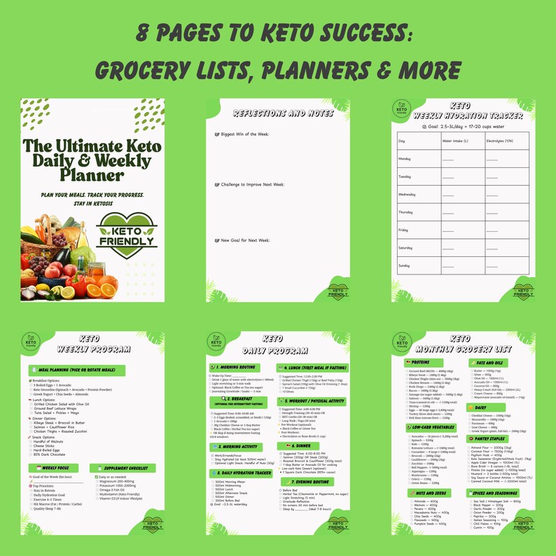 May include: A set of printable keto diet planner pages with green and white backgrounds. The pages include a weekly program, daily program, weekly hydration tracker, and a monthly grocery list. The pages feature the text "Keto Friendly" and "The Ultimate Keto Daily & Weekly Planner".