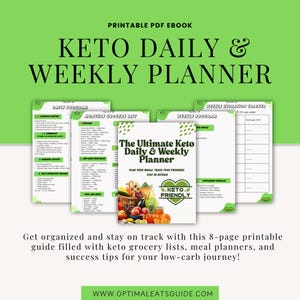 May include: Printable PDF ebook titled "The Ultimate Keto Daily & Weekly Planner". The cover features a colorful illustration of fresh produce, including tomatoes, peppers, and cucumbers. The text "Keto Friendly" is displayed in a green heart shape.