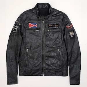 BRUNO Z ZARAGOZA Vintage Napa Leather Biker Jacket Slim Cafe Racer Racing Patch 59 Le Mans Car Moto GP Size S-M