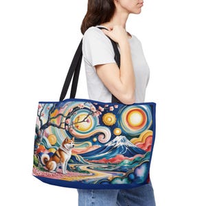 Colorful Shiba Inu Weekender Bag, Japanese Art Beach Tote, Large Travel Bag with Mt Fuji and Sakura, Dog Lover Gift, Summer Tote Bag