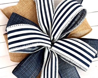 Navy and White Stripe Linen, Navy Denim Linen, Brown Burlap All Seasons Bow for Wreaths, Lanterns, Floral Pics, Gifts and More!