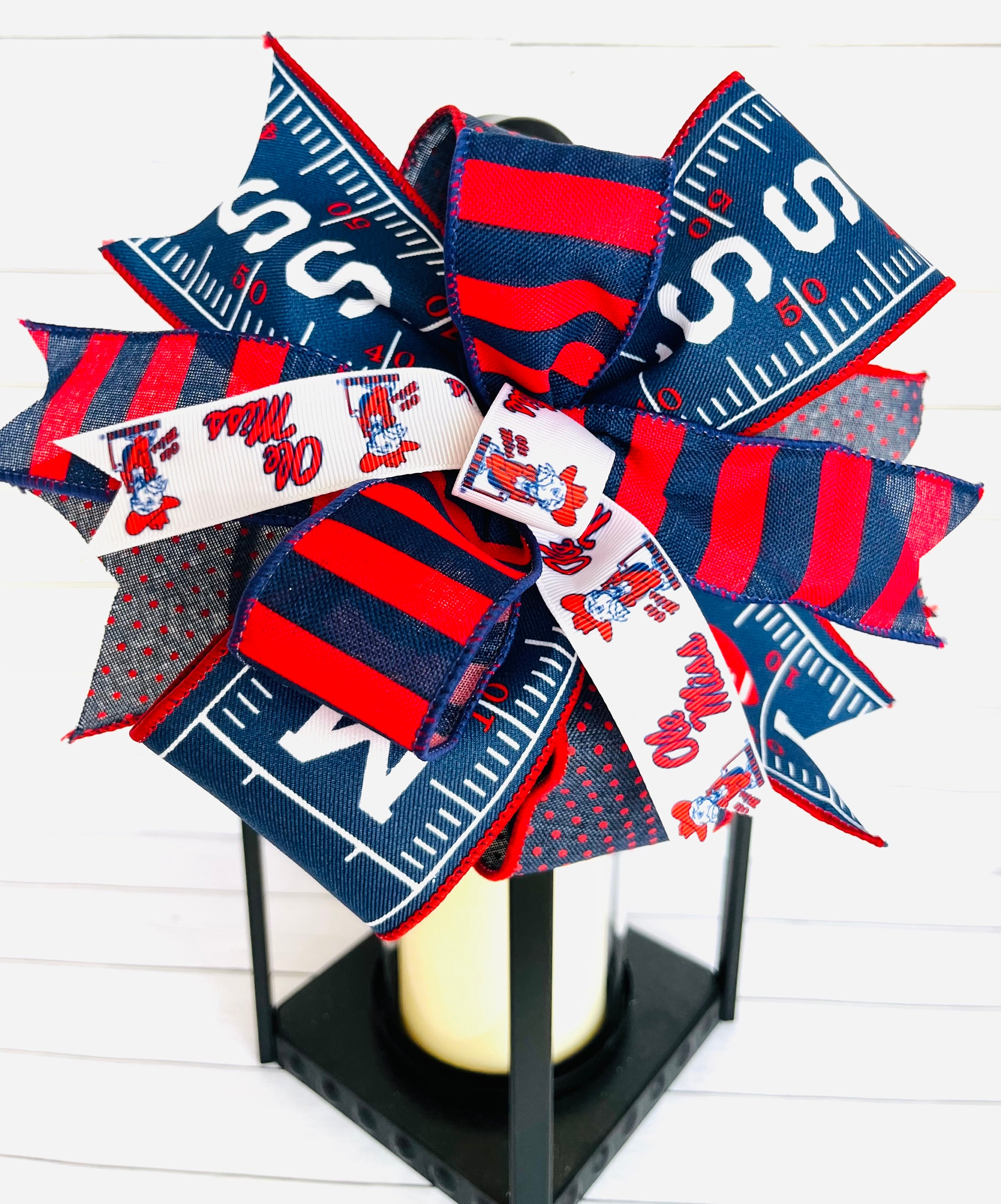 Ole Miss Football Bow: Navy, Red, and Polk-a-Dot Wreath Decor