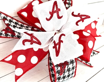 University of Alabama Houndstooth Script A, White Script A , Crimson Polka Dot Bow for Wreaths, Lanterns, Floral Pics, Gifts and More!