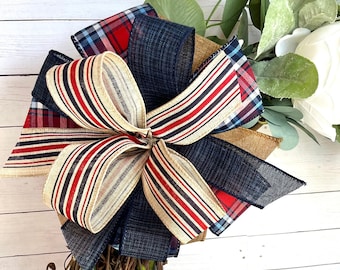 Handmade Red White Blue Plaid Bow: Linen Burlap Wreath Bow