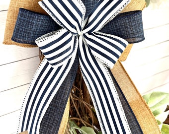 Navy and White Stripe Linen, Navy Denim Linen, Brown Burlap All Seasons Bow with Tails for Wreaths, Lanterns, Floral Pics, Gifts and More!