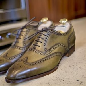 Handmade Men’s Light Green Leather Brogue Shoes – Custom Party Wear