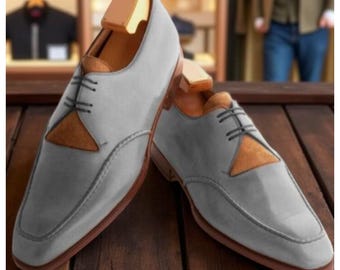 Ręcznie robione męskie dwukolorowe buty typu oksford – szara skóra i brązowy zamsz