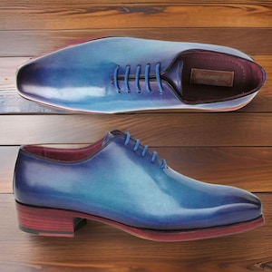 Handmade Men&#39;s Blue Leather Wholecut Oxford Shoes – Formal Lace-Up Dress Shoes
