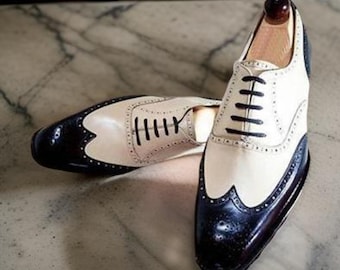 Handmade Men’s Black and White Leather Brogue Shoes – Formal Lace-Up