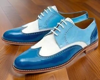 Zapatos Derby de vestir con punta de ala de cuero genuino azul y blanco para hombre, hechos a mano
