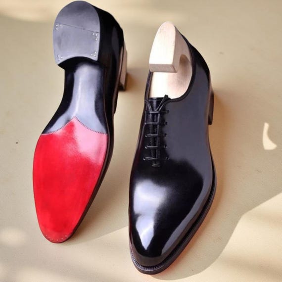 black dress shoes red bottoms Christian Louboutin Style Handmade Men's Black Oxford Wholecut Dress Shoes