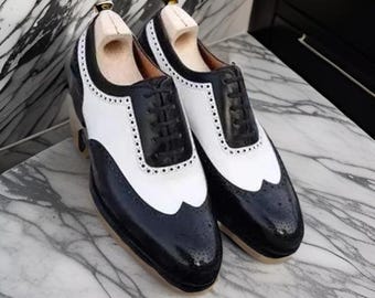 Handmade Black & White Leather Oxford Dress Shoes | Wingtip Lace-Up