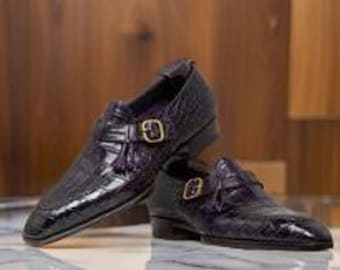 Handmade Purple Monk Strap Leather Dress Shoes for Men