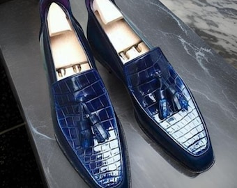 Handmade Blue Leather Loafers for Men