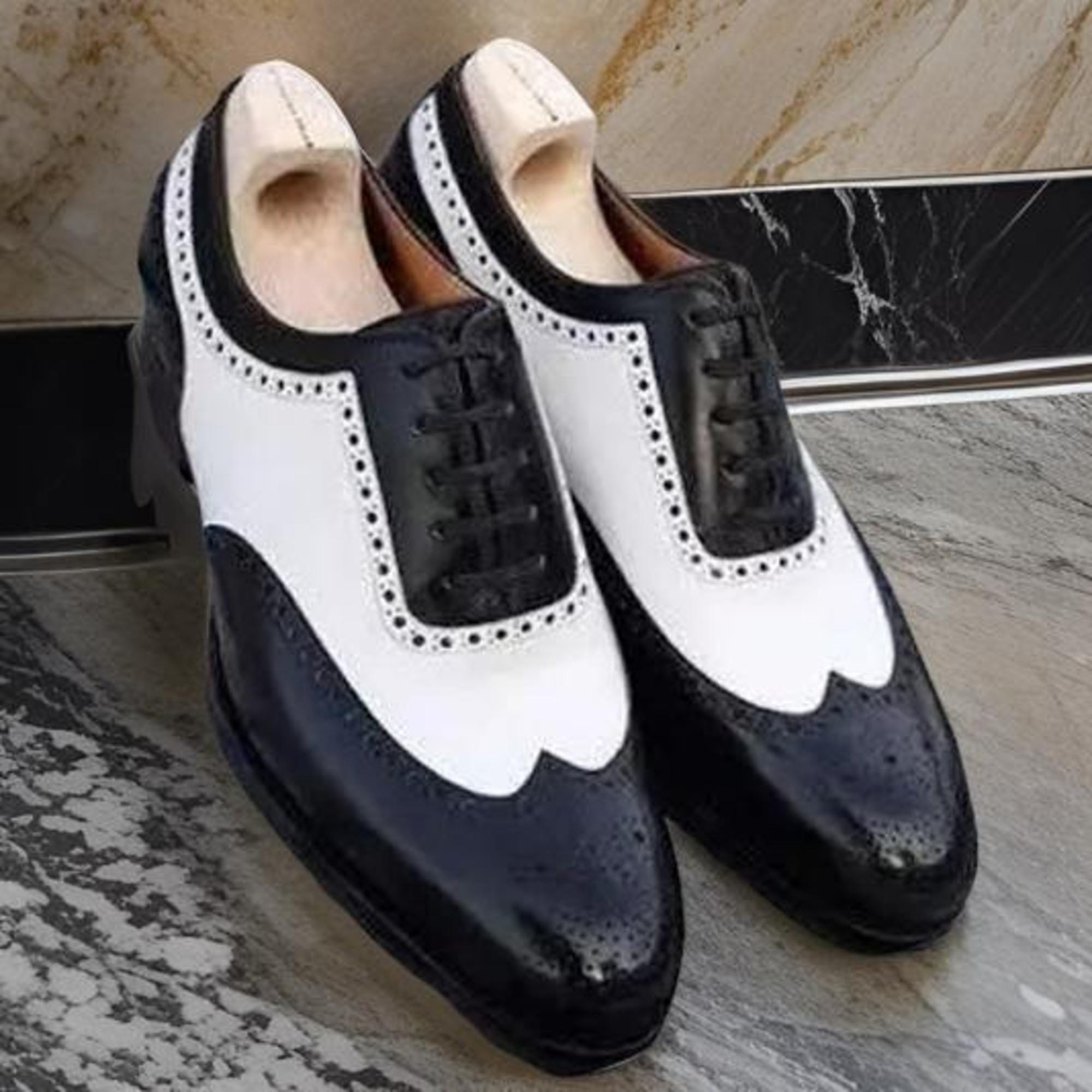 black and white wingtip dress shoes Women's Derby Wingtip Leather Shoes Black White 4193  MERRIMIUM