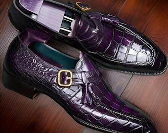 Handmade Purple Monk Strap Corocdle Shoes – Formal Leather Shoes for Men