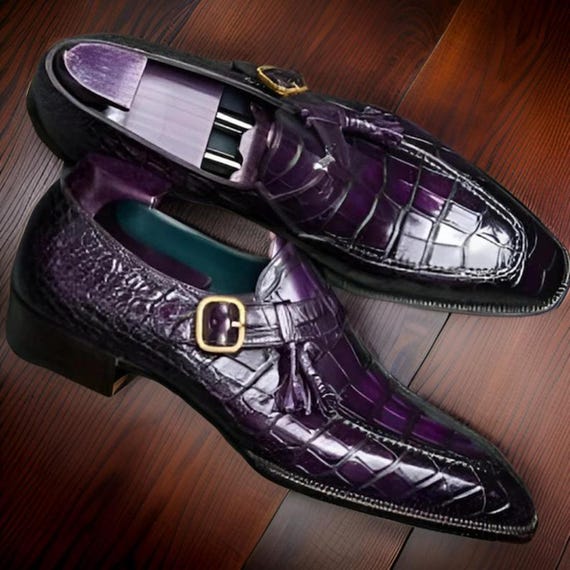 Handmade Purple Monk Strap Corocdle Shoes – Formal Leather Shoes for Men