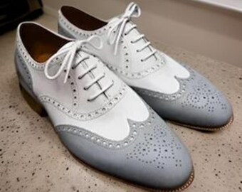 Handmade Men’s Leather Oxford Shoes – White & Gray Medallion Toe Dress Shoes