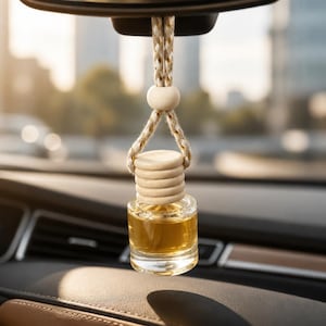 Puede incluir: Un pequeño frasco de vidrio transparente para ambientador de coche lleno de un líquido dorado. Cuenta con una tapa de madera clara estriada y está suspendido por un cordón beige trenzado con una cuenta de madera a juego.