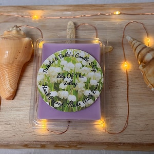 May include: A purple wax melt with a white label that reads "Dakota & Bella's Candle Shop" and "Lily Of The Valley" with a floral design. The wax melt is hand poured and made with love.