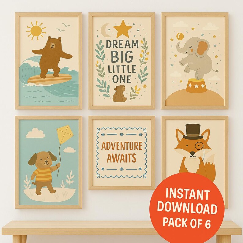 Pack of 6 Adventure Nursery Prints Cute Animal Wall Art for Baby
