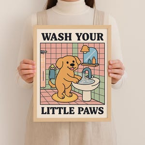 Umyj swoje małe łapki, słodki pies, zachwycający, uroczy plakat higieniczny, ilustracja dla dzieci, dekoracja ścienna do łazienki, dostępny w wielu rozmiarach