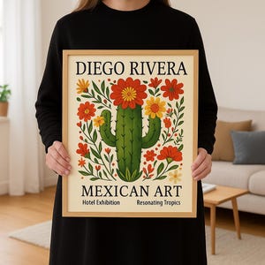 Diego Rivera inspiriertes Kaktus-Poster - Lebhafter mexikanischer Kunstdruck mit folkloristischem Blumenmotiv | Farbenfrohe Wanddekoration für Boho & Southwestern Homes