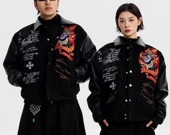 Op Tibetaanse kunst geïnspireerde varsityjas, trendy streetwear-honkbaljack, geborduurde unisex bomberjas