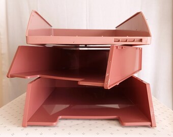 Set of 3 Vintage Inbox Trays - Stacking Pink Paper Storage Shelves - 80s Office Decor