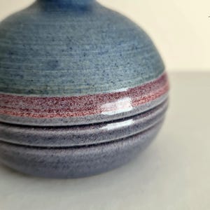 Pu&ograve; includere: Un piccolo vaso in ceramica fatto a mano con un corpo arrotondato e un collo stretto. Il vaso presenta fasce orizzontali di colore, tra cui blu, bordeaux e grigio. La superficie strutturata aggiunge fascino rustico. Ideale per piccoli fiori.